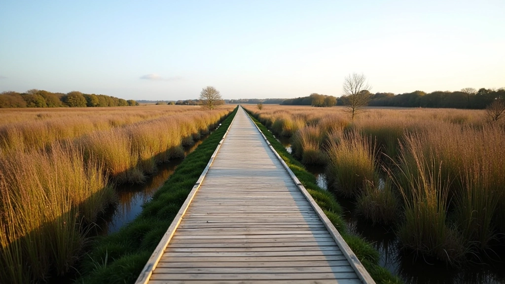 Gentle incline of boardwalk path viewed from bottom, showing gradual slope through wetland area with bog plants on sides