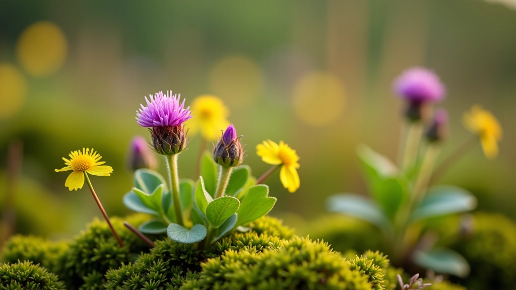 Close-up of native wildflowers and bog plants with purple heather and yellow flowers in natural wetland setting