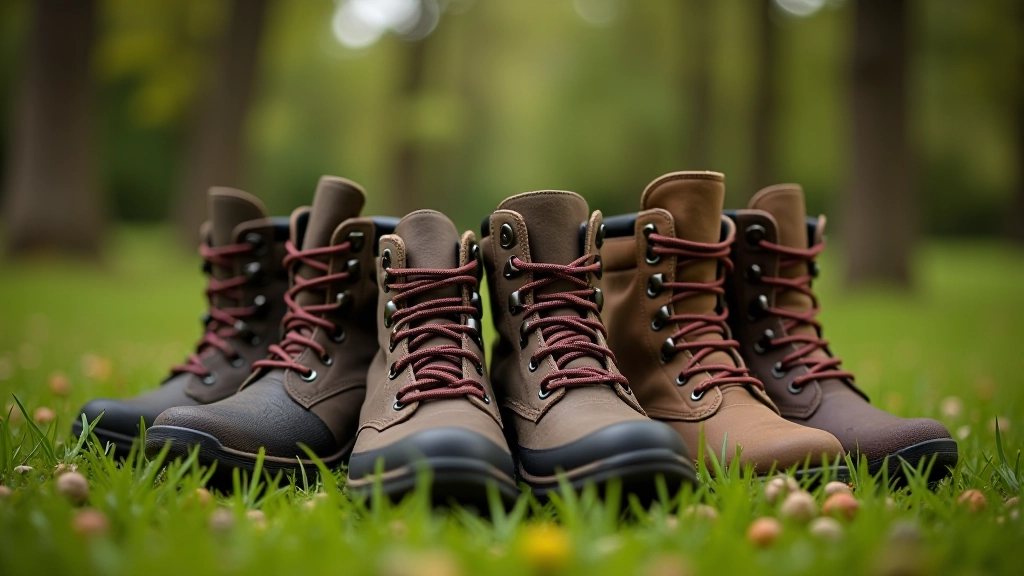 Collection of waterproof hiking boots displayed outdoors on grass showing different styles and tread patterns with close-up of rubber sole detail
