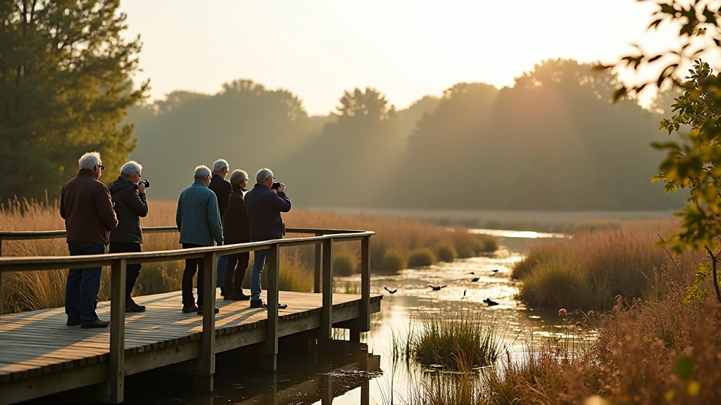 Small group of active seniors observing wetland wildlife from boardwalk viewing platform