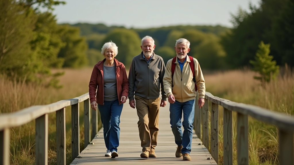 Senior hikers walking together on boardwalk trail with smiling faces, relaxed pace
