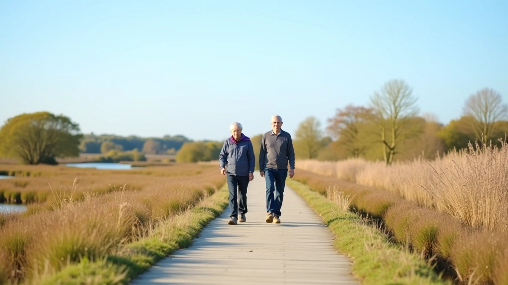 Senior hikers walking together on paved heritage trail with clear blue sky, surrounded by natural bog landscape