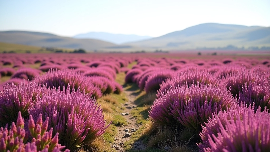 Wide landscape view of purple heather in full bloom across open bog terrain with distant hills and clear sky
