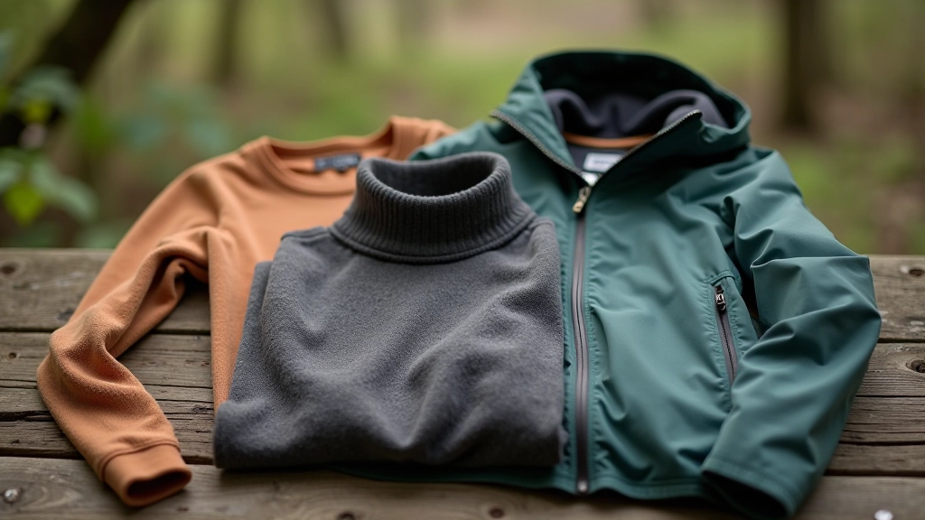 Layered clothing arrangement on wooden surface showing thermal base layer, fleece mid-layer, and waterproof outer jacket in muted colors suitable for seniors