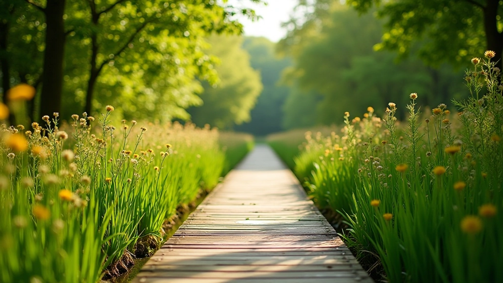 Wooden boardwalk winding through lush green wetlands and bog vegetation