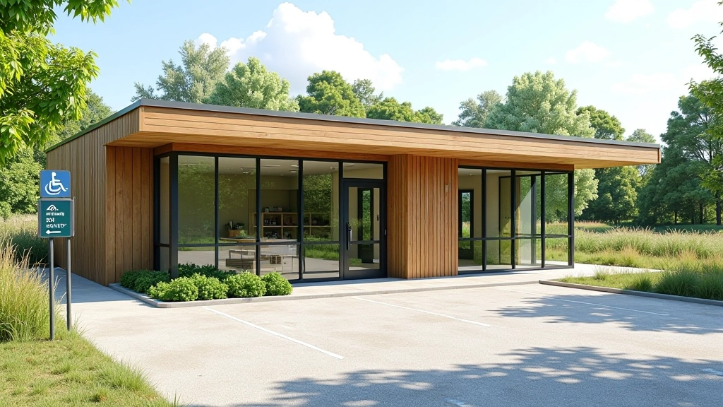 Visitor centre building at Lullymore Heritage Park with accessible parking spaces and entrance signage