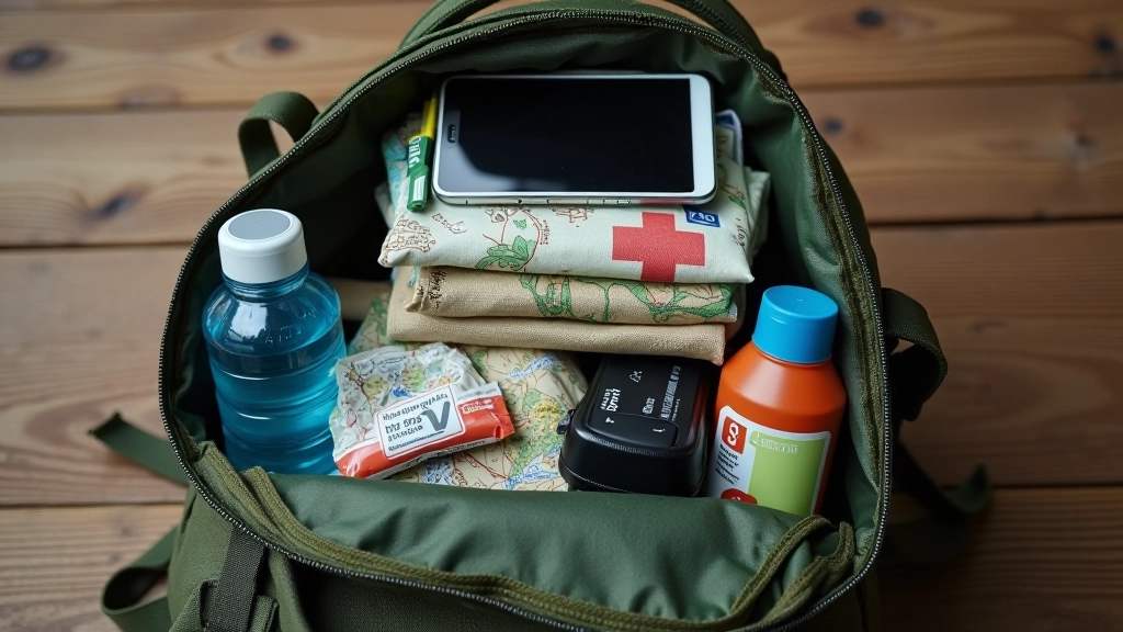Open hiking rucksack showing neatly packed contents including water bottle, snacks, first aid kit, layers, and other gear items arranged for visibility