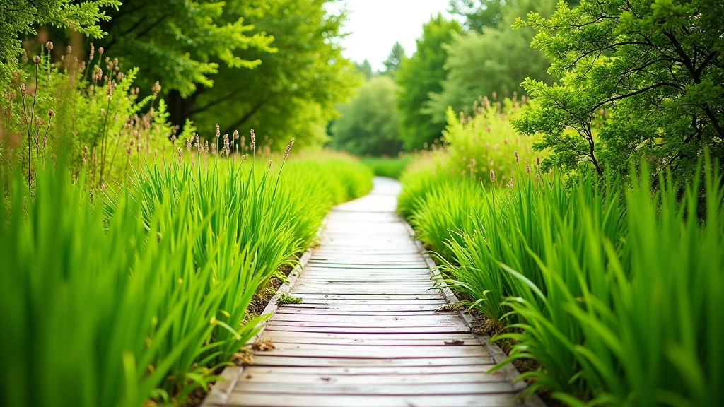 Wooden boardwalk path winding through green wetland vegetation with clear sky above