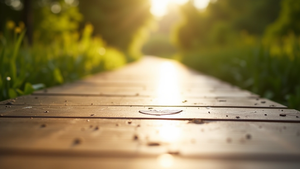 Close-up of smooth timber boardwalk surface with natural wood grain texture and anti-slip finish, sunlight reflecting on wet boards