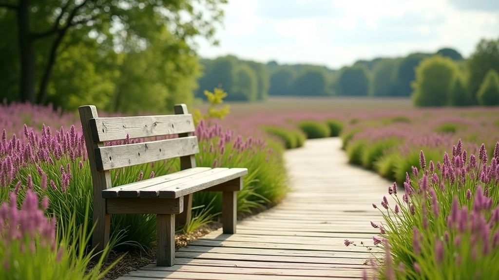Wooden bench positioned along boardwalk with view of purple heather and wetland plants, peaceful natural setting