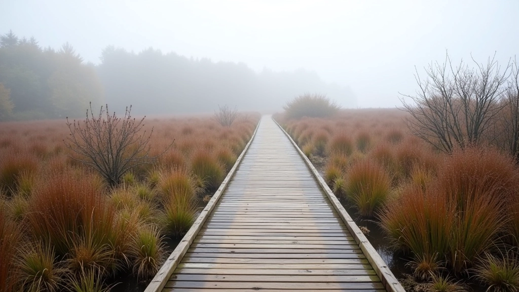 Wooden boardwalk stretching through misty wetland landscape at Lullymore Heritage Park
